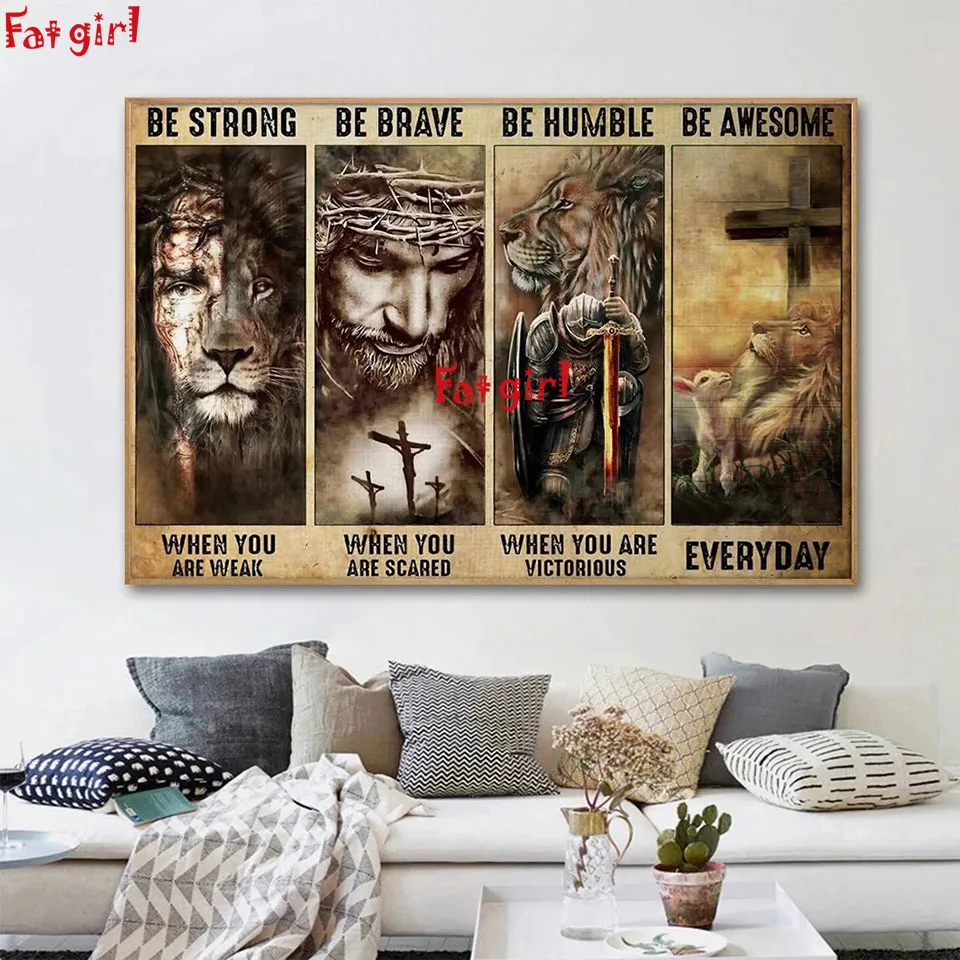 5D Диамантена Картина на Исус Агне Лъв Кръст Войн Стикер На Стената Силен Смел Скромен Невероятен Подарък С Бродерия За Библията